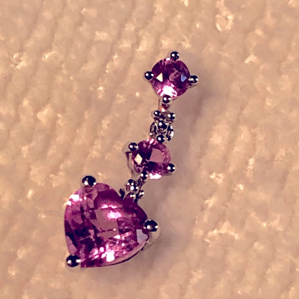 Pink Sapphire Triple Stone Heart Drop Pendant 10K